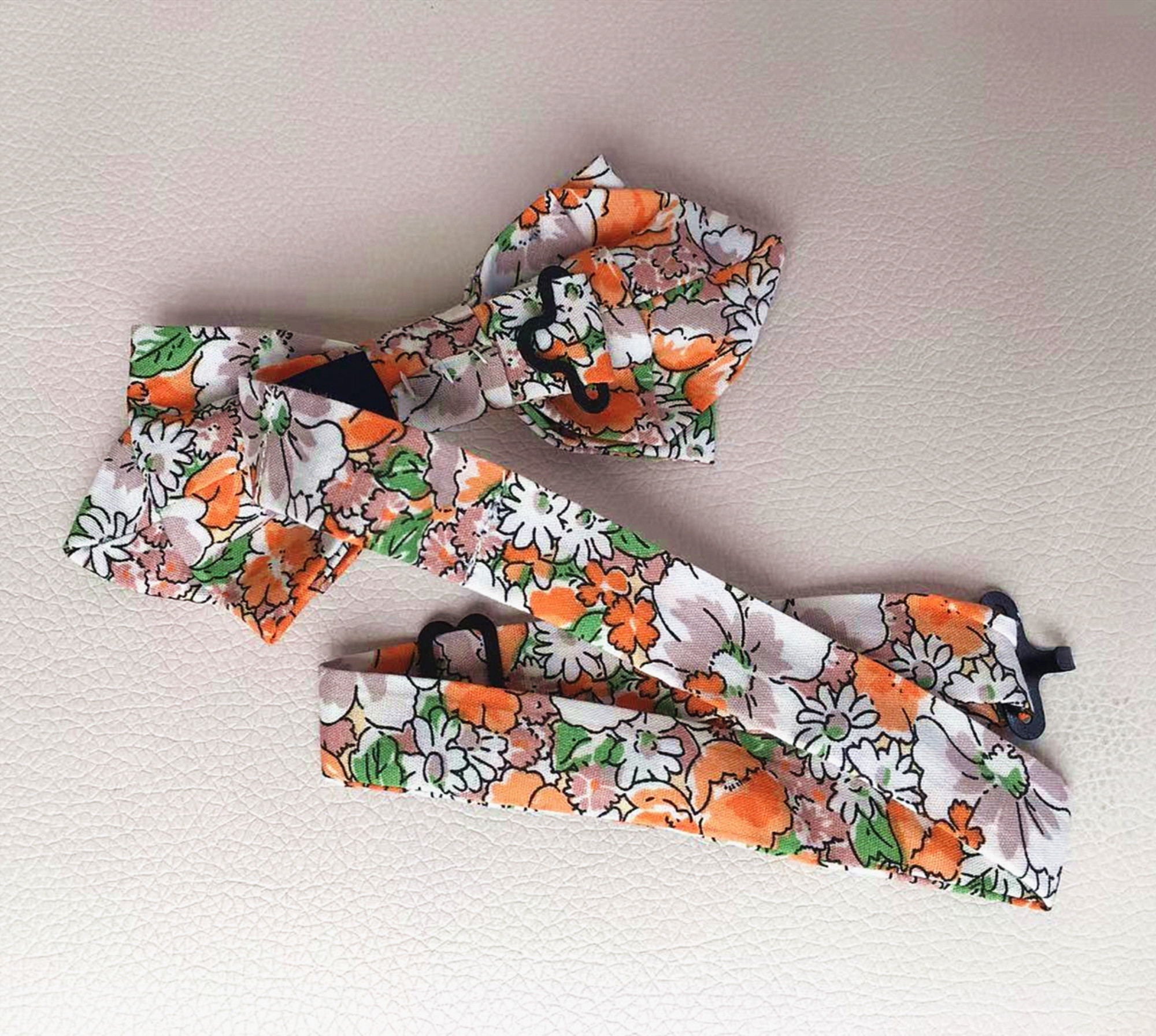 Orange Green &White Floral Pre-tied Diamond Bow Tie