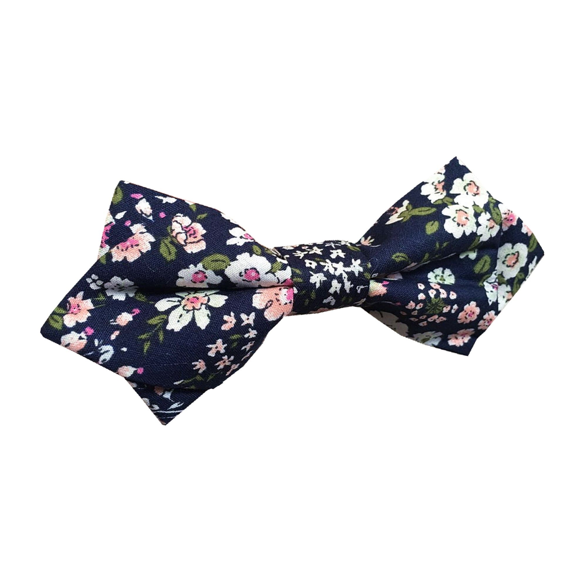 Navy Blue Peach Floral Pre-tied Diamond Bow Tie