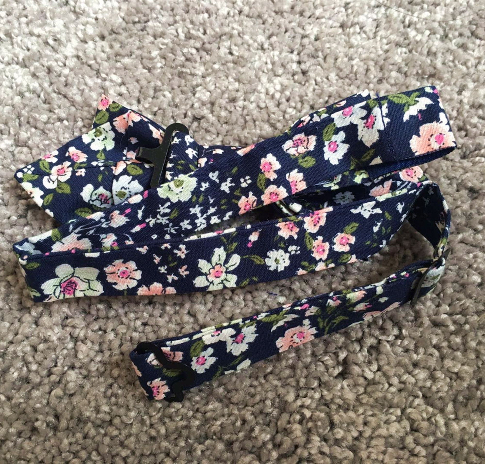 Navy Blue Peach Floral Pre-tied Diamond Bow Tie