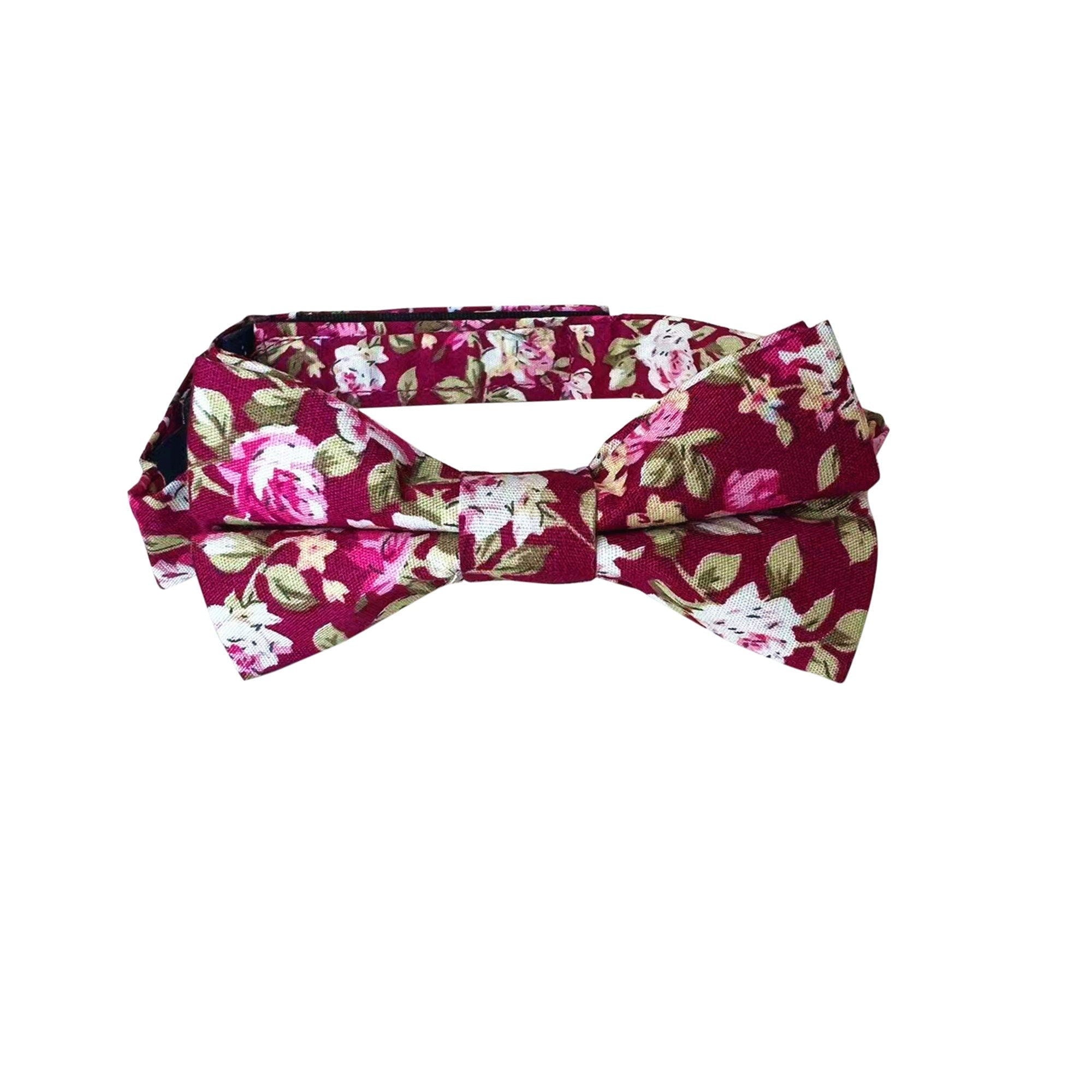 Pink Floral Burgundy Kids Bow Tie