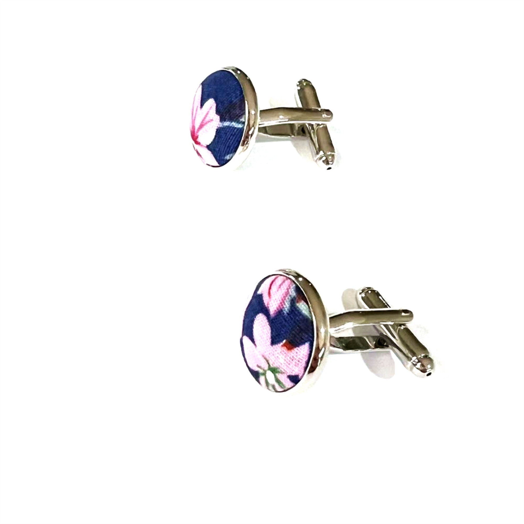 Navy Purple Floral Silver Cufflinks