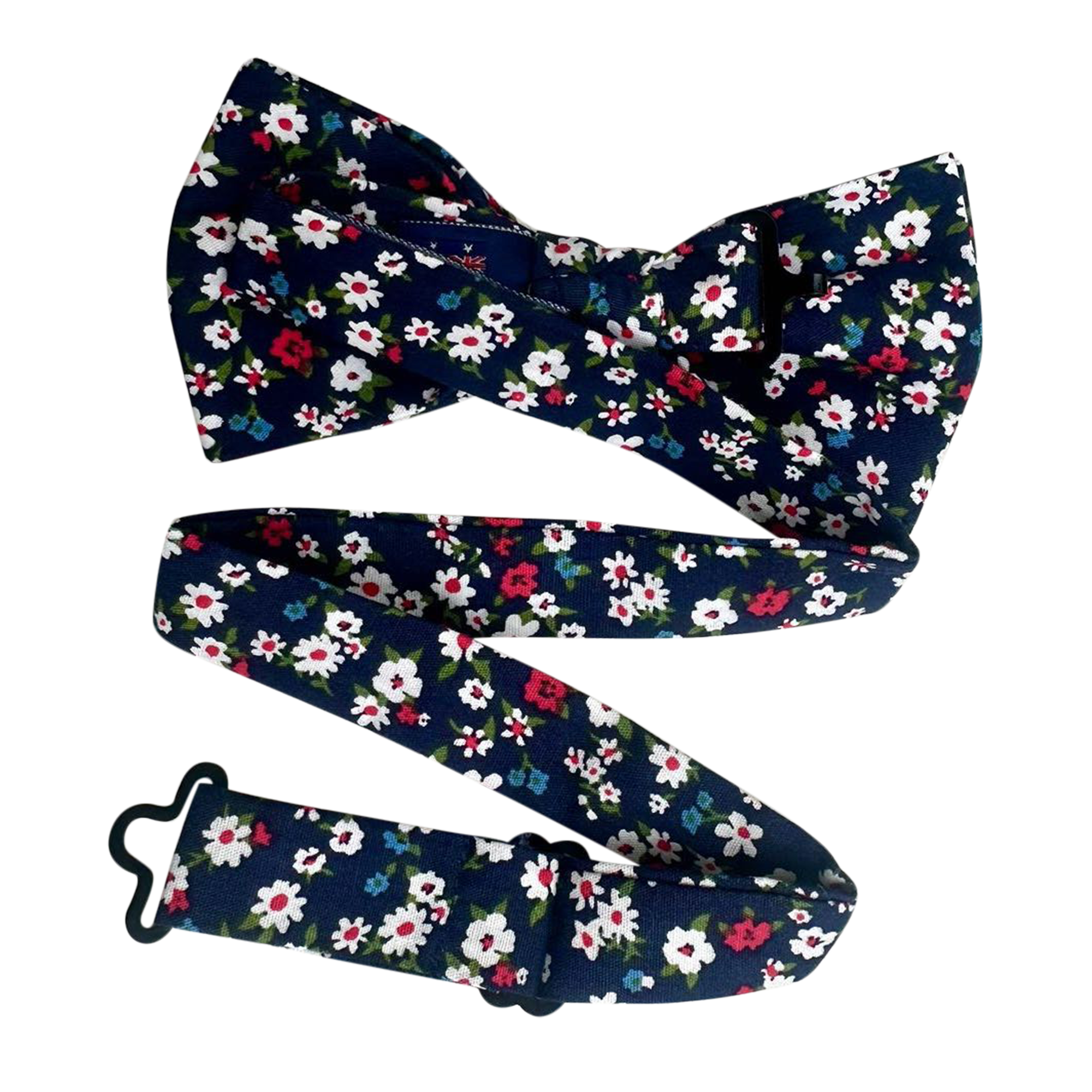 White Red Floral On Navy Blue Pre-tied Bow Tie