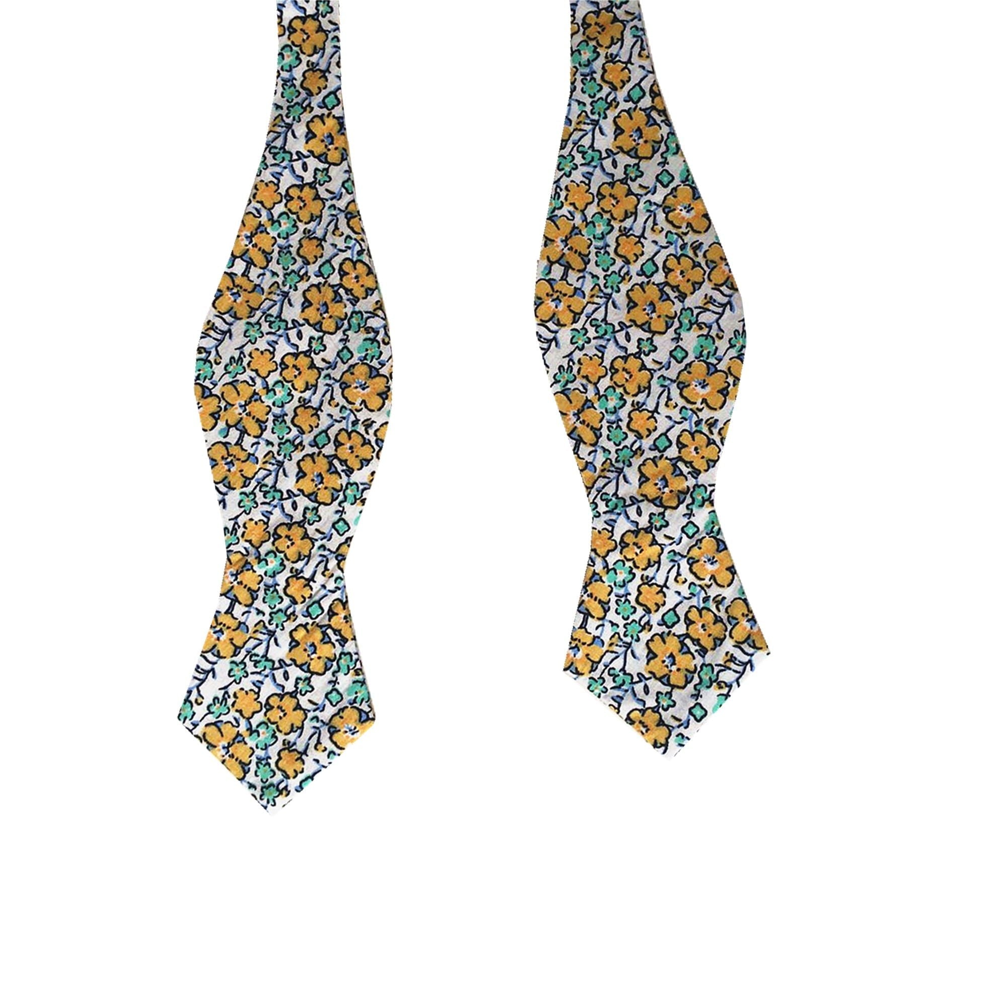White Yellow Floral Self-tied Tip Bow Tie
