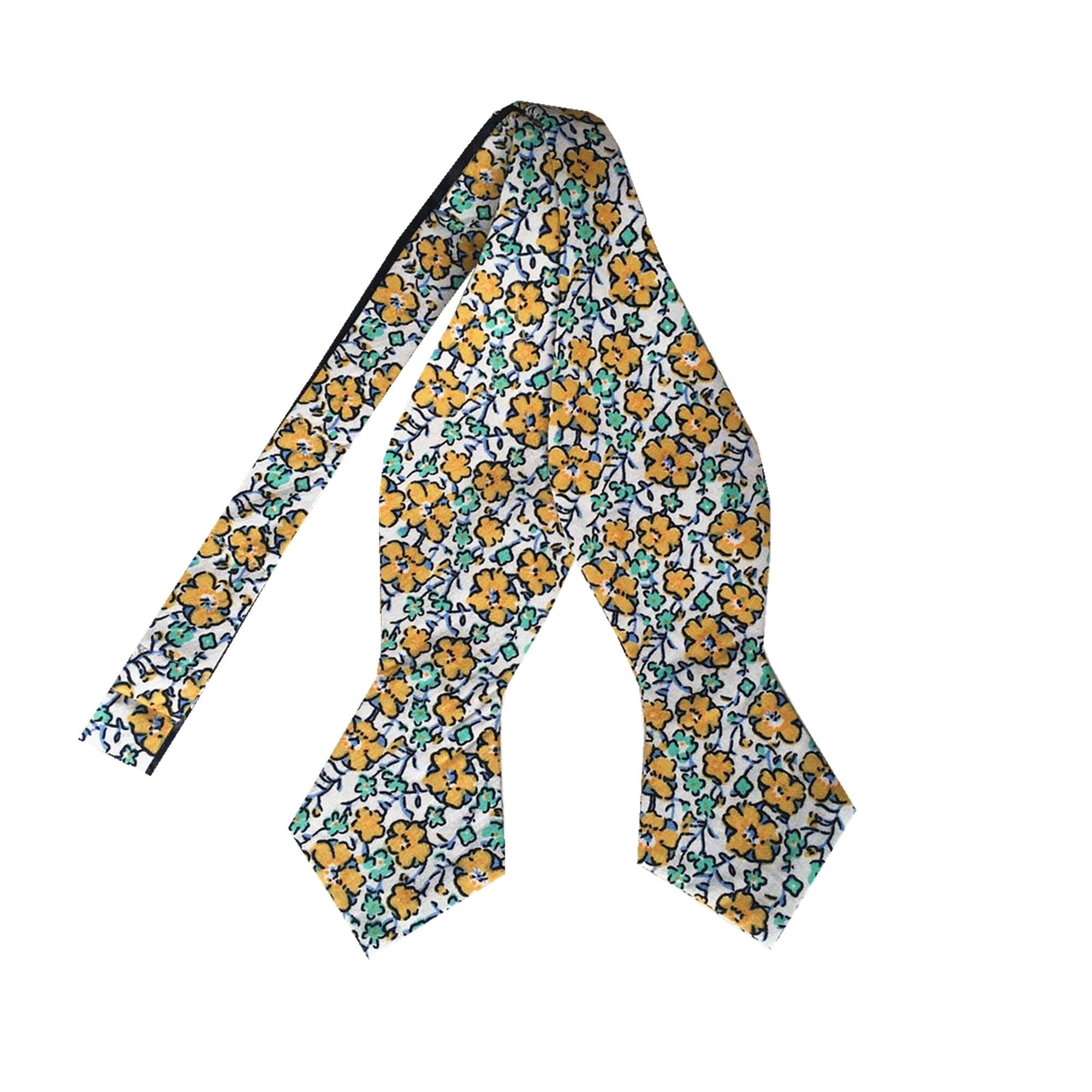 White Yellow Floral Self-tied Tip Bow Tie