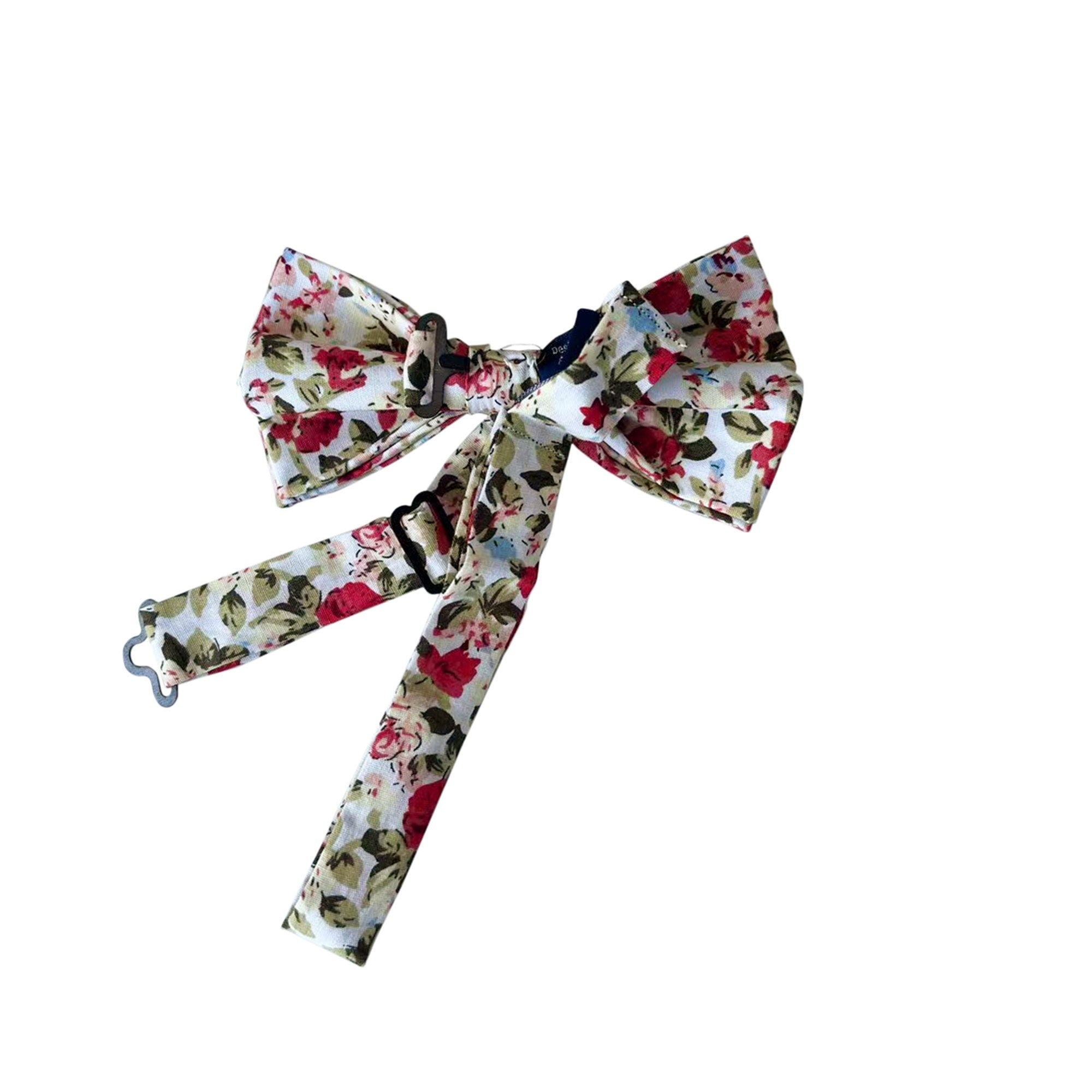 Maroon Green Floral On White Pre-tied Bow Tie